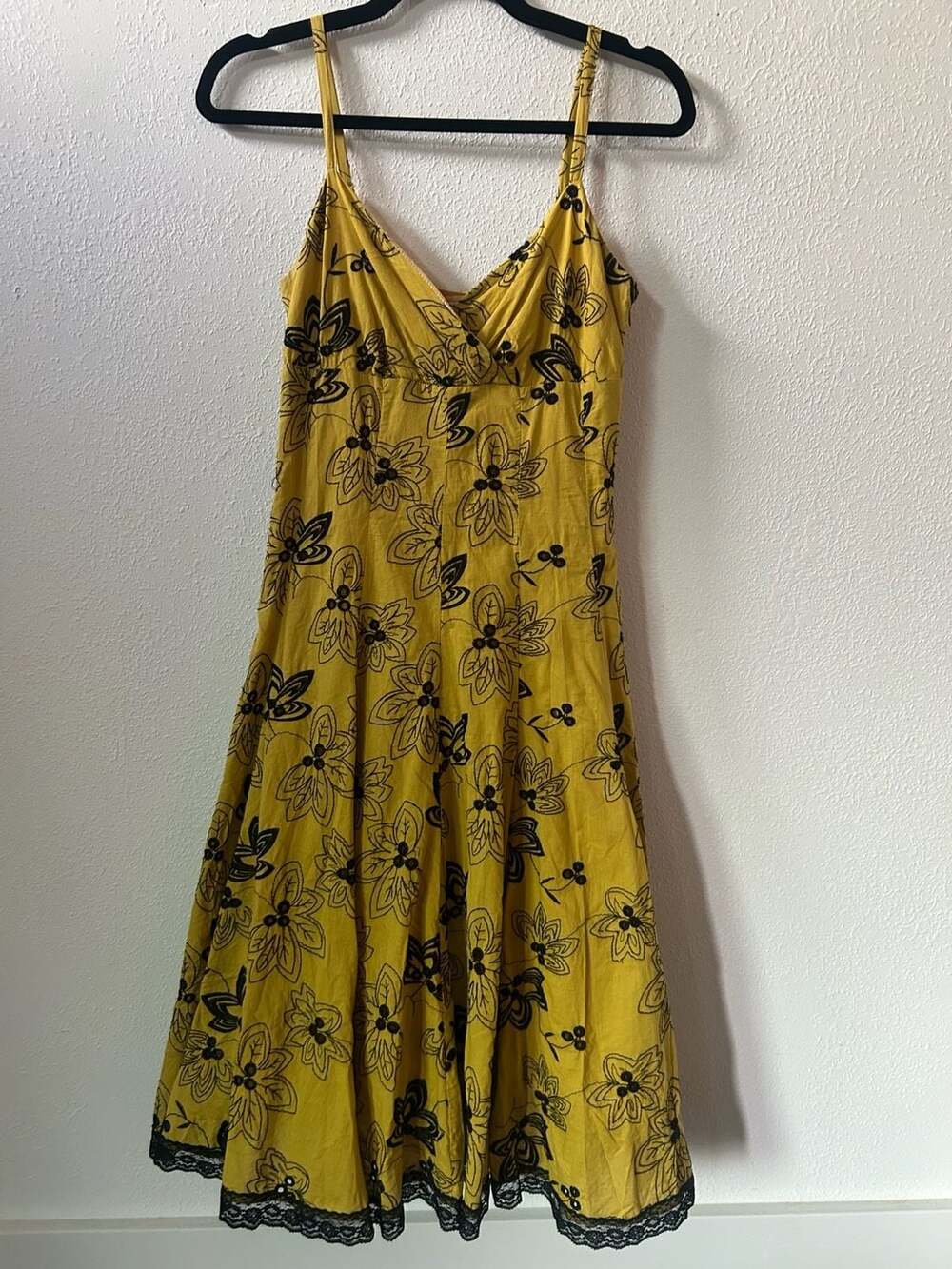 Aryeh Mustard Yellow Floral Print Black Lace Trim Slip Dress Size M